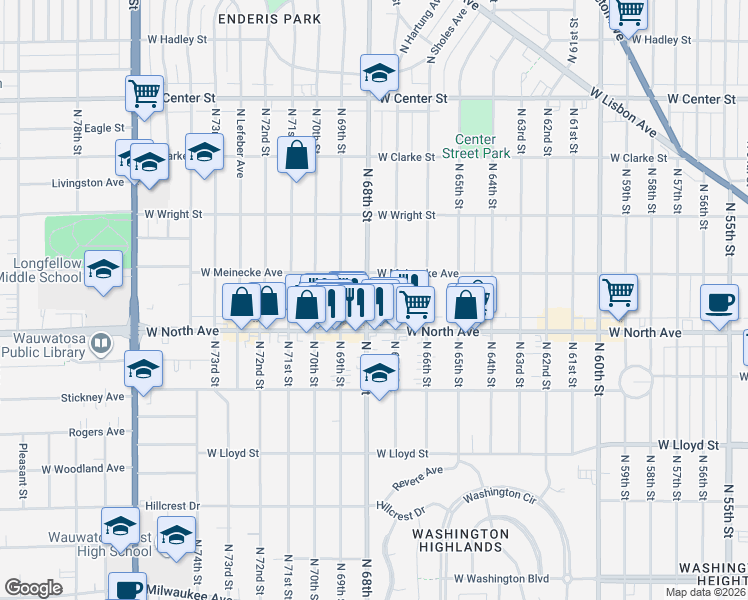 map of restaurants, bars, coffee shops, grocery stores, and more near 2350 North 68th Street in Wauwatosa