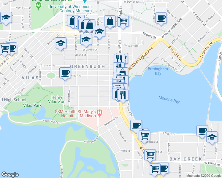 map of restaurants, bars, coffee shops, grocery stores, and more near 902 Drake Street in Madison