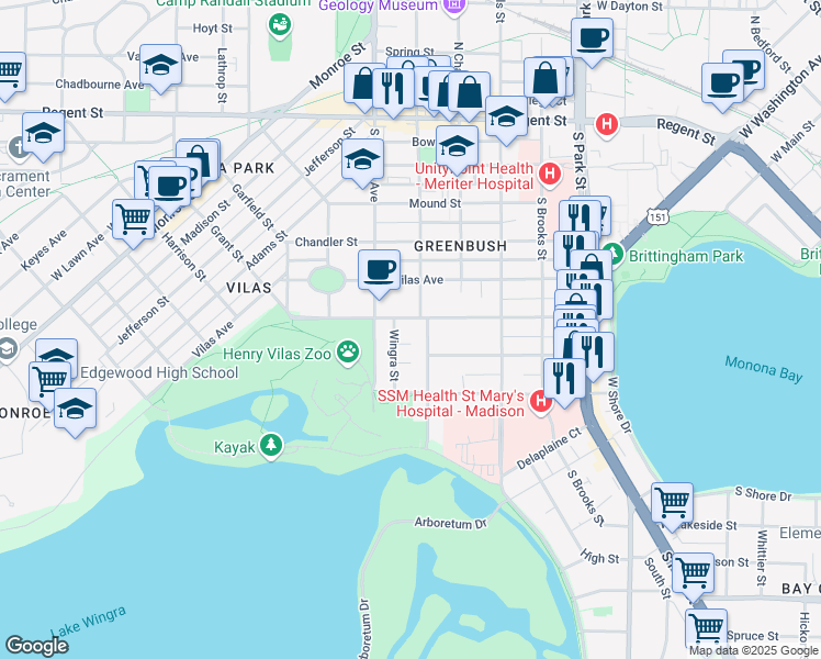 map of restaurants, bars, coffee shops, grocery stores, and more near 1309 Drake Street in Madison