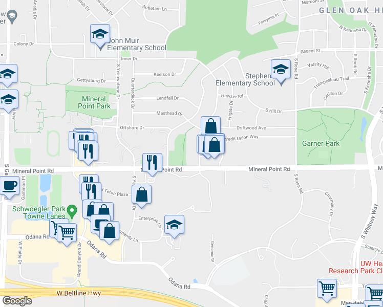 map of restaurants, bars, coffee shops, grocery stores, and more near 332 Island Drive in Madison