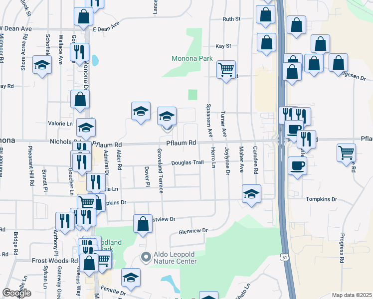 map of restaurants, bars, coffee shops, grocery stores, and more near 729 Pflaum Road in Madison