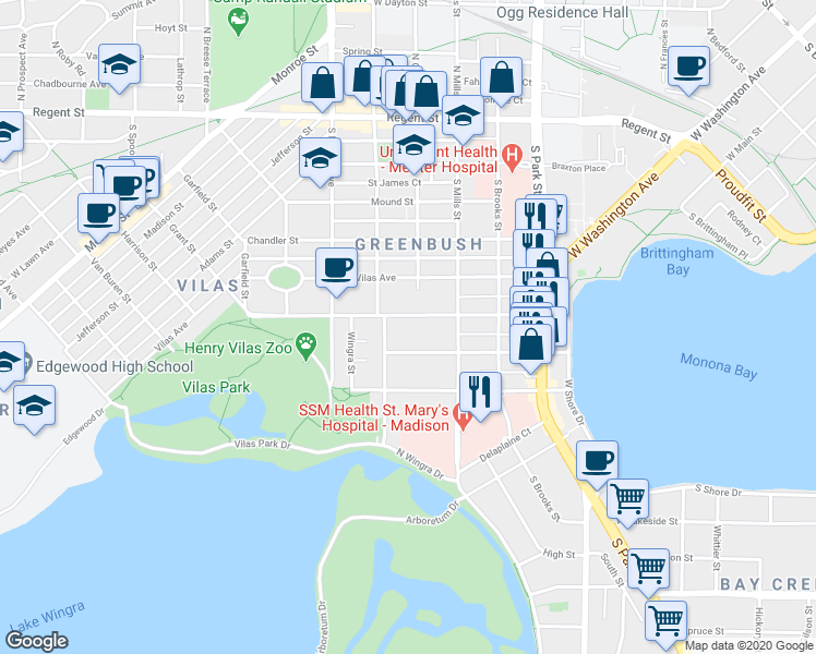 map of restaurants, bars, coffee shops, grocery stores, and more near 1203 Drake Street in Madison