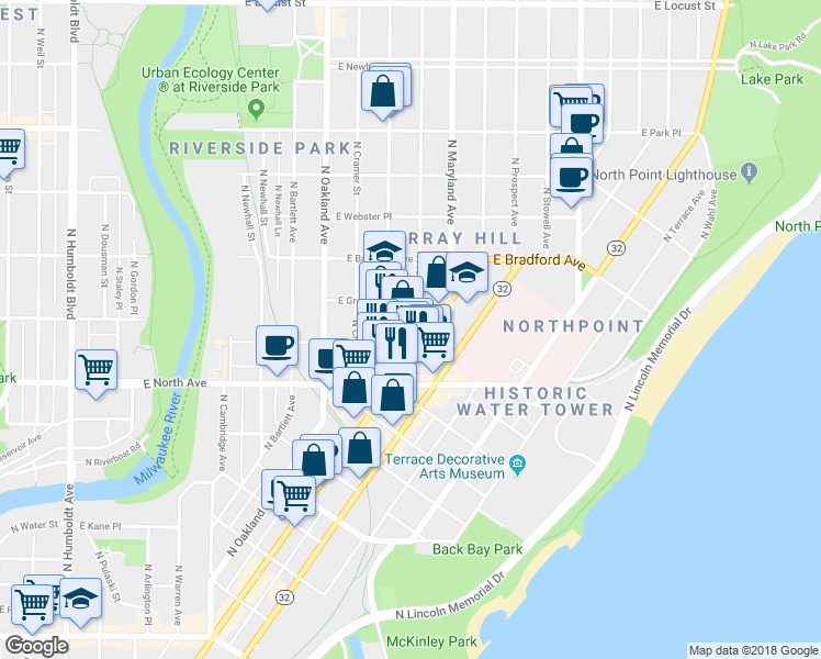 map of restaurants, bars, coffee shops, grocery stores, and more near 2413 North Frederick Avenue in Milwaukee