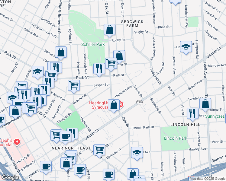map of restaurants, bars, coffee shops, grocery stores, and more near in Syracuse