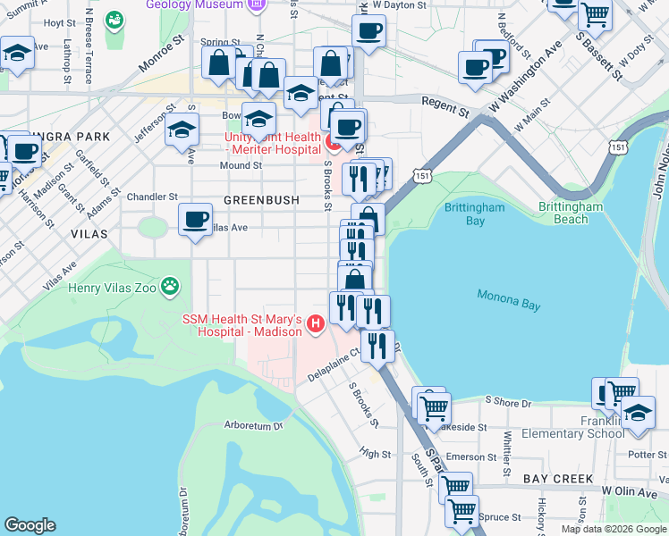 map of restaurants, bars, coffee shops, grocery stores, and more near 902 Drake Street in Madison