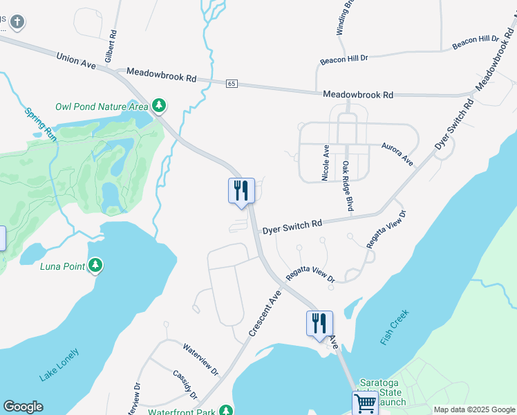 map of restaurants, bars, coffee shops, grocery stores, and more near 499 Union Avenue in Saratoga Springs