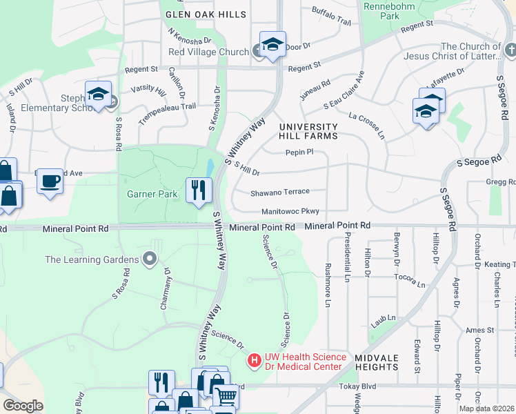 map of restaurants, bars, coffee shops, grocery stores, and more near 5306 Manitowoc Parkway in Madison