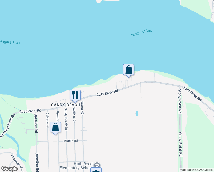 map of restaurants, bars, coffee shops, grocery stores, and more near 5427 East River Road in Grand Island