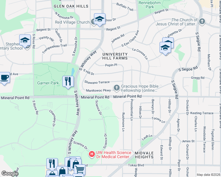 map of restaurants, bars, coffee shops, grocery stores, and more near 5120 Manitowoc Parkway in Madison