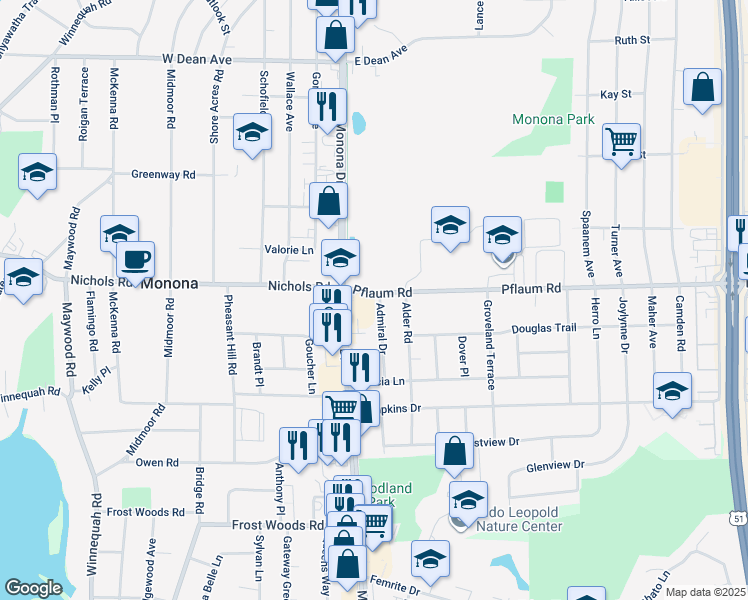 map of restaurants, bars, coffee shops, grocery stores, and more near 5301 Admiral Drive in Monona