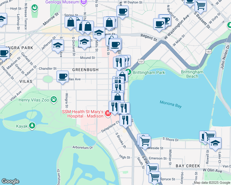 map of restaurants, bars, coffee shops, grocery stores, and more near 901 Drake Street in Madison