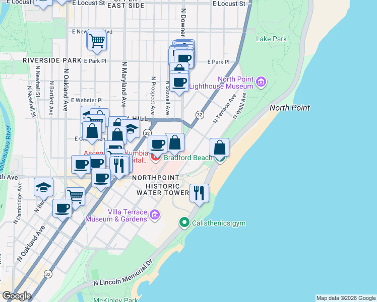 map of restaurants, bars, coffee shops, grocery stores, and more near 2411 North Terrace Avenue in Milwaukee