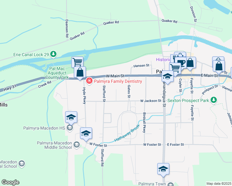 map of restaurants, bars, coffee shops, grocery stores, and more near 150 Tremont Street in Palmyra