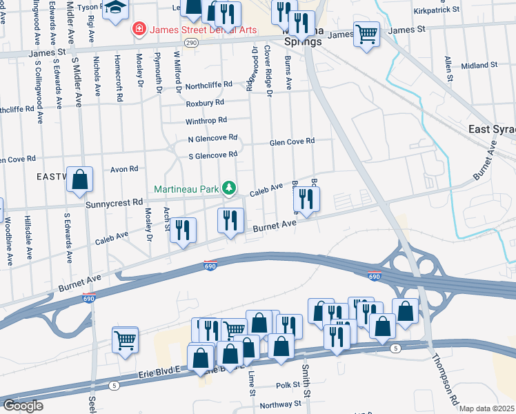 map of restaurants, bars, coffee shops, grocery stores, and more near 119 Hasbrouck Street in Syracuse