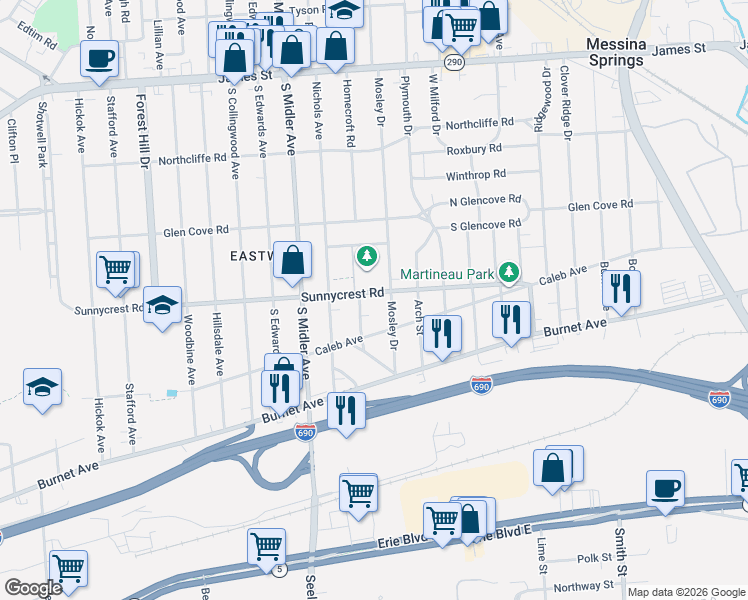 map of restaurants, bars, coffee shops, grocery stores, and more near 1052 Sunnycrest Road in Syracuse