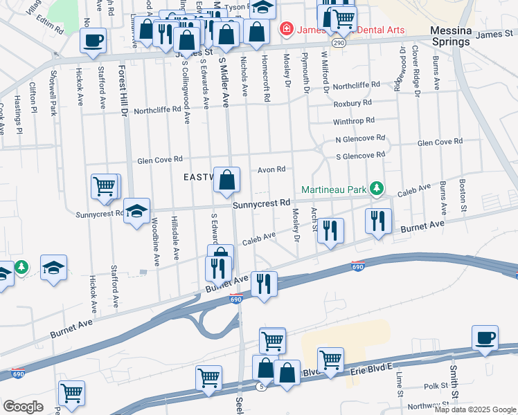 map of restaurants, bars, coffee shops, grocery stores, and more near 1018 Sunnycrest Road in Syracuse