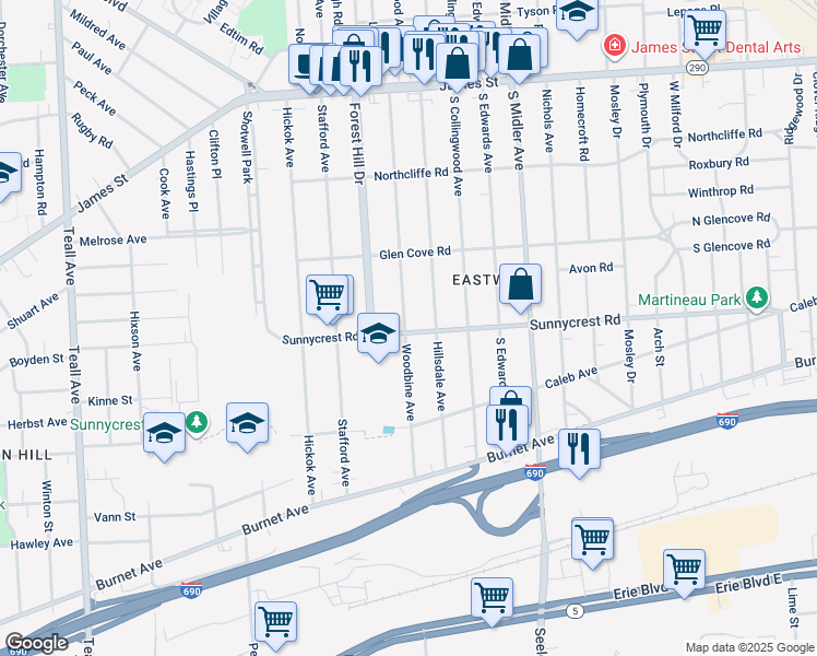 map of restaurants, bars, coffee shops, grocery stores, and more near 368 Woodbine Avenue in Syracuse