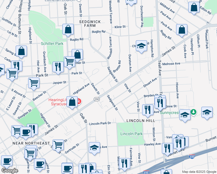 map of restaurants, bars, coffee shops, grocery stores, and more near 1235 James Street in Syracuse