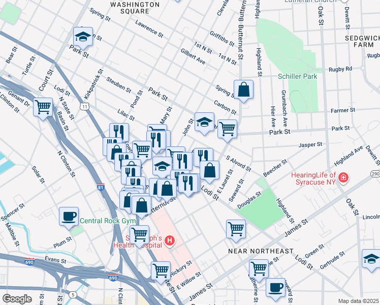 map of restaurants, bars, coffee shops, grocery stores, and more near 136 Peters Street in Syracuse