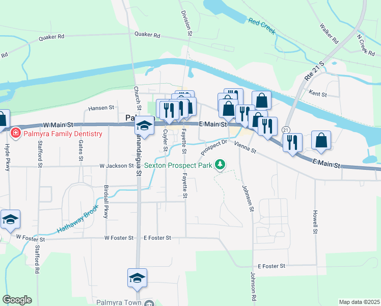 map of restaurants, bars, coffee shops, grocery stores, and more near 146 Fayette Street in Palmyra