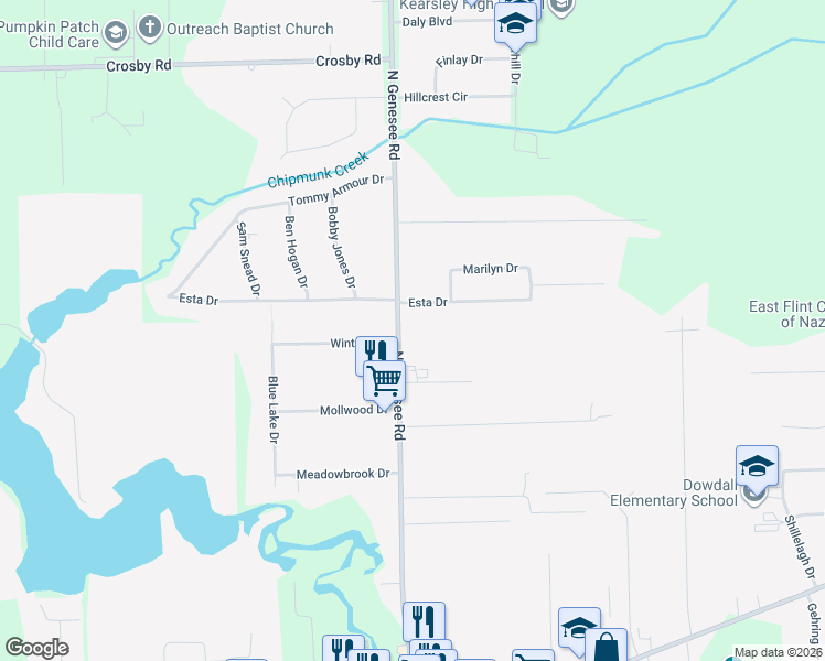 map of restaurants, bars, coffee shops, grocery stores, and more near 4004 North Genesee Road in Flint