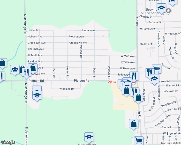 map of restaurants, bars, coffee shops, grocery stores, and more near 3227 West Parkway Avenue in Flint