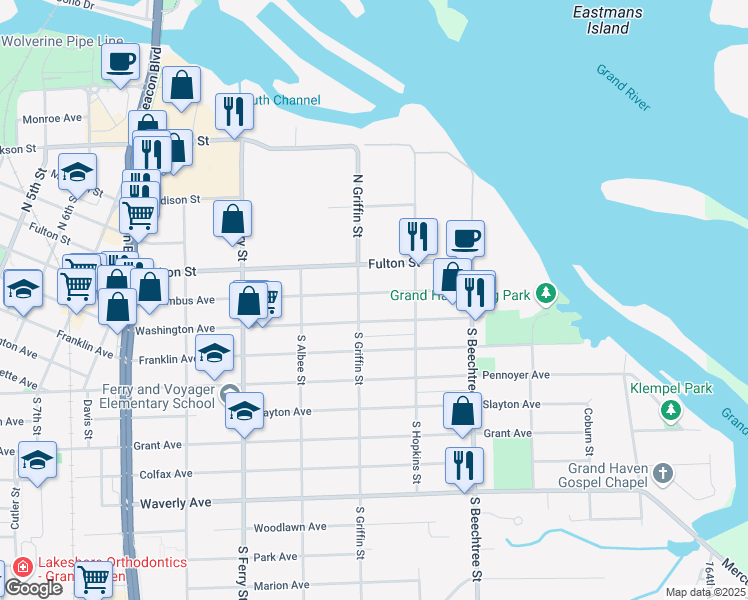 map of restaurants, bars, coffee shops, grocery stores, and more near 1326 Columbus Avenue in Grand Haven
