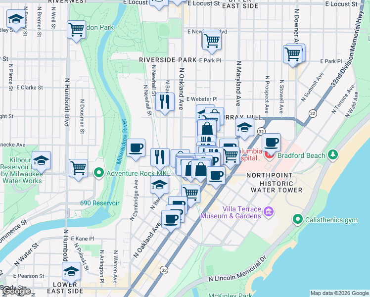 map of restaurants, bars, coffee shops, grocery stores, and more near 2414 North Oakland Avenue in Milwaukee
