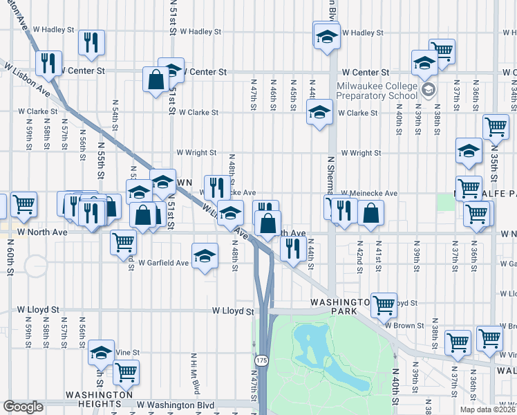 map of restaurants, bars, coffee shops, grocery stores, and more near 2360 North 47th Street in Milwaukee