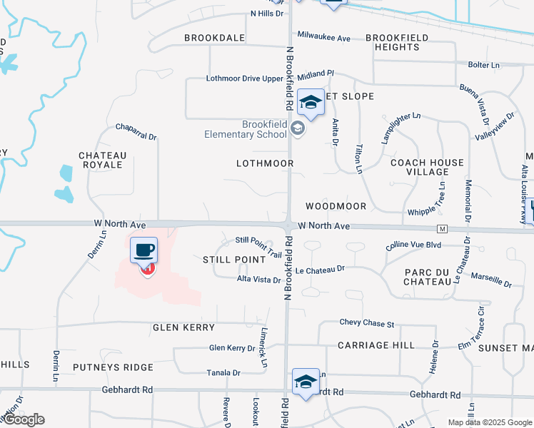 map of restaurants, bars, coffee shops, grocery stores, and more near 18920 Brookfield Lake Drive in Brookfield