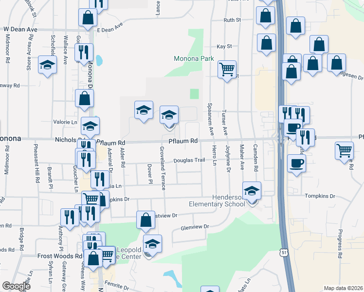 map of restaurants, bars, coffee shops, grocery stores, and more near 729 Pflaum Road in Madison