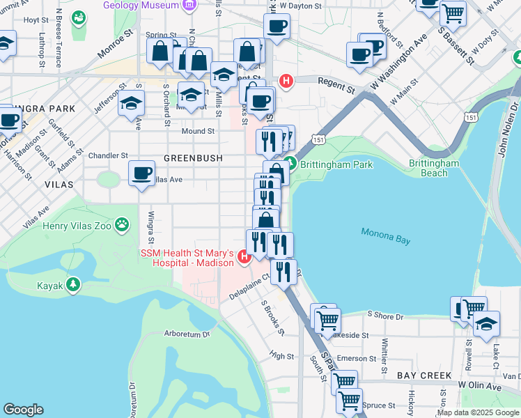 map of restaurants, bars, coffee shops, grocery stores, and more near 902 Drake Street in Madison