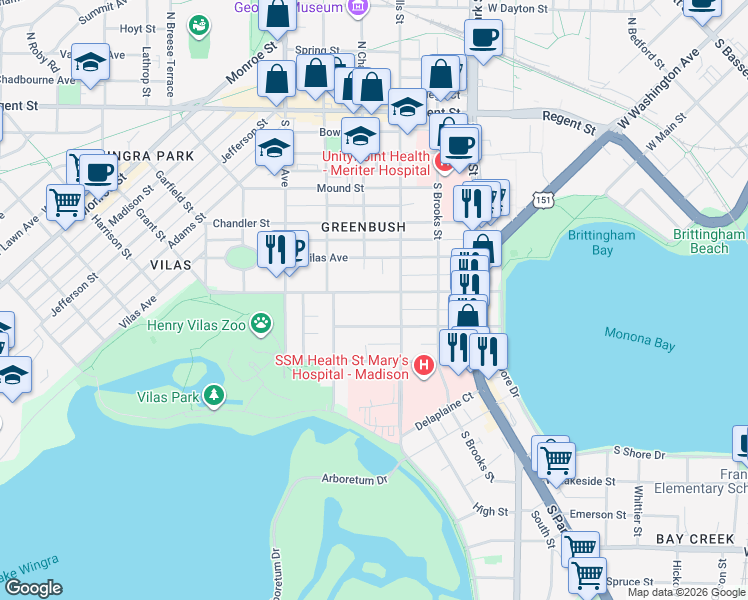 map of restaurants, bars, coffee shops, grocery stores, and more near 1113 Drake Street in Madison