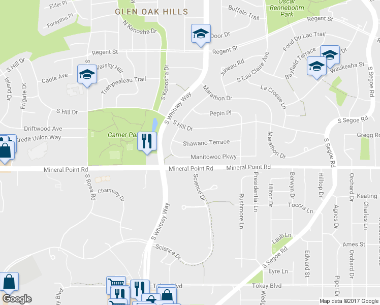 map of restaurants, bars, coffee shops, grocery stores, and more near 5313 Shawano Terrace in Madison