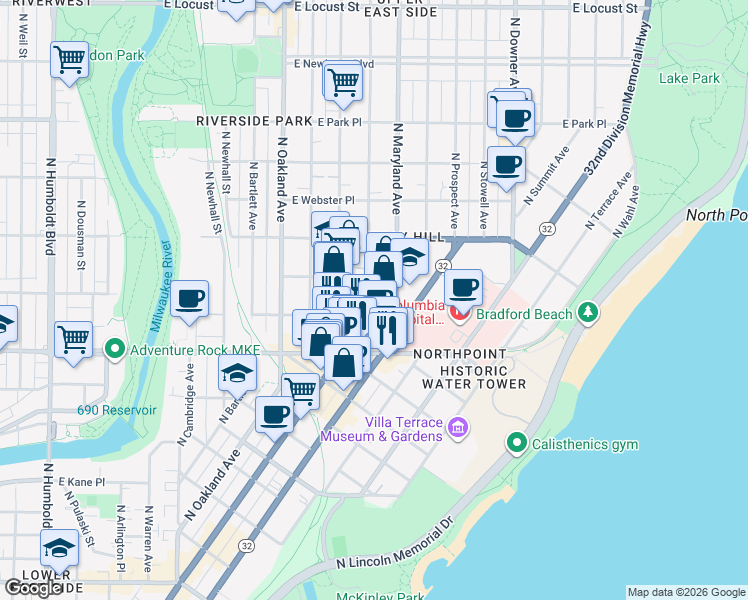 map of restaurants, bars, coffee shops, grocery stores, and more near 2426 North Farwell Avenue in Milwaukee