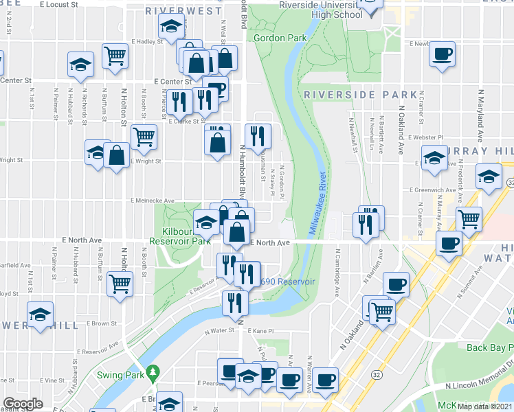map of restaurants, bars, coffee shops, grocery stores, and more near 1125 East Meinecke Avenue in Milwaukee