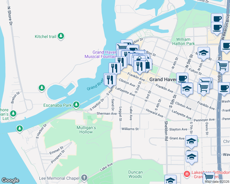 map of restaurants, bars, coffee shops, grocery stores, and more near 20 Lafayette Avenue in Grand Haven