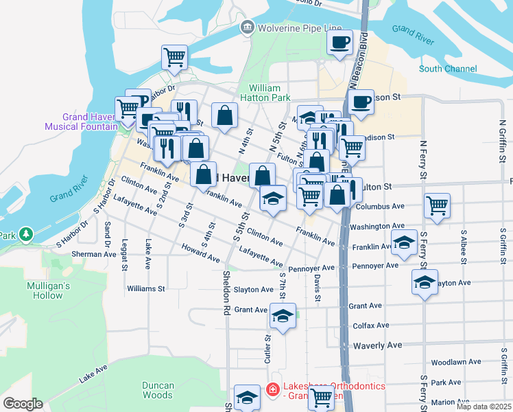 map of restaurants, bars, coffee shops, grocery stores, and more near 20 South 5th Street in Grand Haven