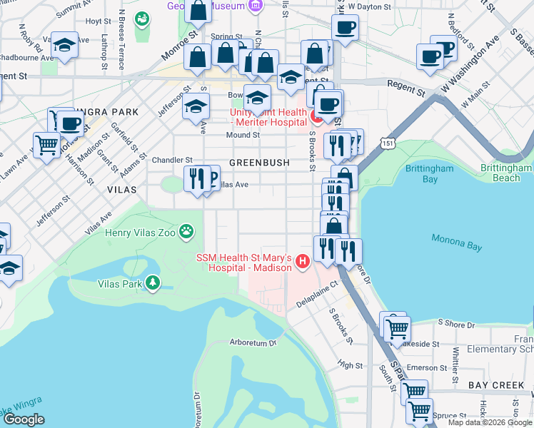 map of restaurants, bars, coffee shops, grocery stores, and more near 1113 Drake Street in Madison