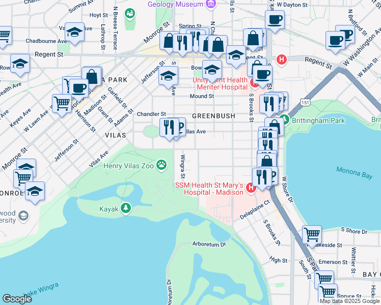 map of restaurants, bars, coffee shops, grocery stores, and more near 1315 Drake Street in Madison