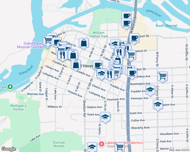 map of restaurants, bars, coffee shops, grocery stores, and more near 20 South 5th Street in Grand Haven