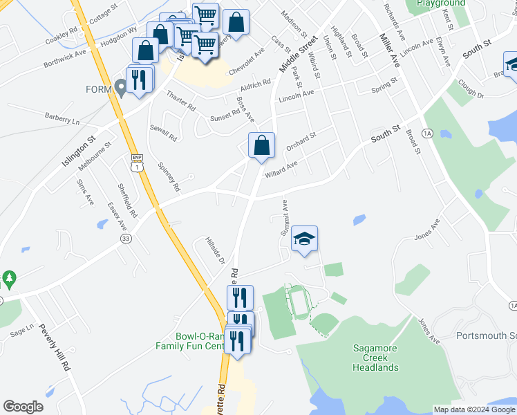 map of restaurants, bars, coffee shops, grocery stores, and more near 209 Lafayette Road in Portsmouth