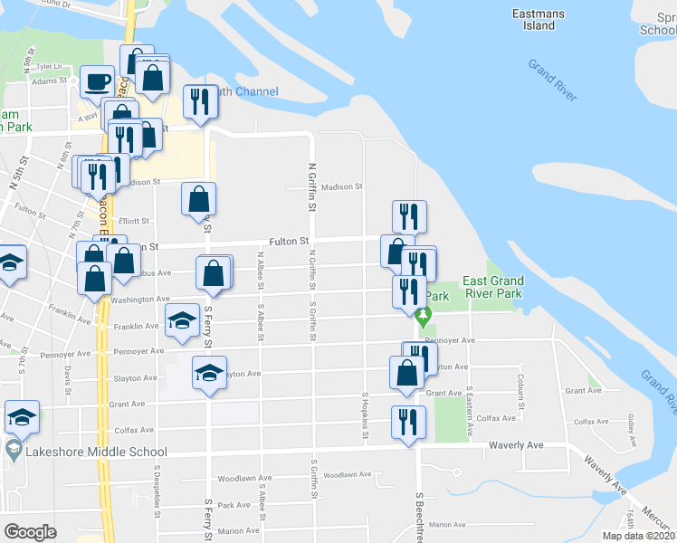 map of restaurants, bars, coffee shops, grocery stores, and more near 1326 Columbus Avenue in Grand Haven