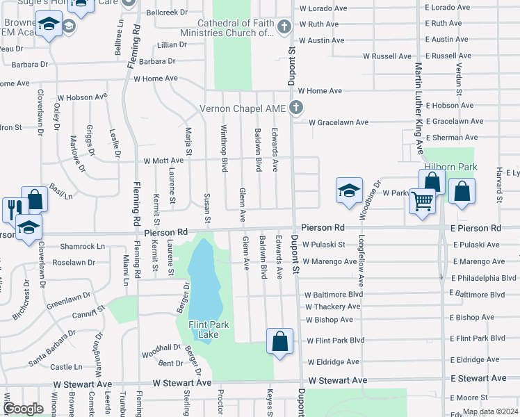 map of restaurants, bars, coffee shops, grocery stores, and more near 5301 Baldwin Boulevard in Flint