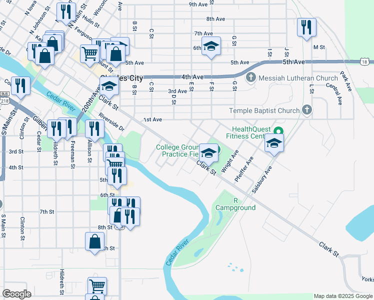 map of restaurants, bars, coffee shops, grocery stores, and more near 201 Patten Ave in Charles City