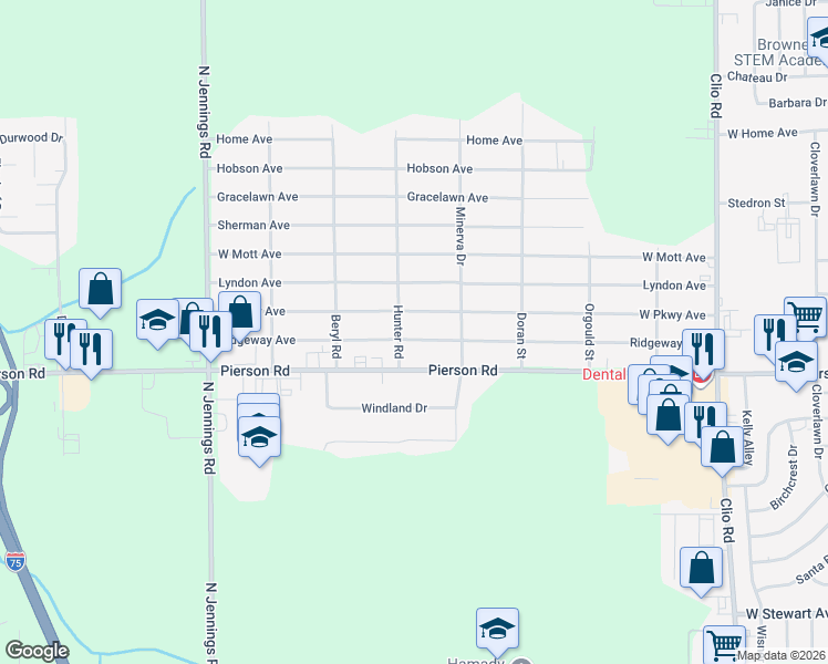map of restaurants, bars, coffee shops, grocery stores, and more near 3312 Ridgeway Avenue in Flint