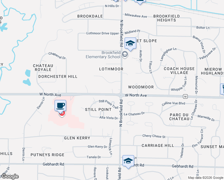 map of restaurants, bars, coffee shops, grocery stores, and more near 18920 West North Avenue in Brookfield
