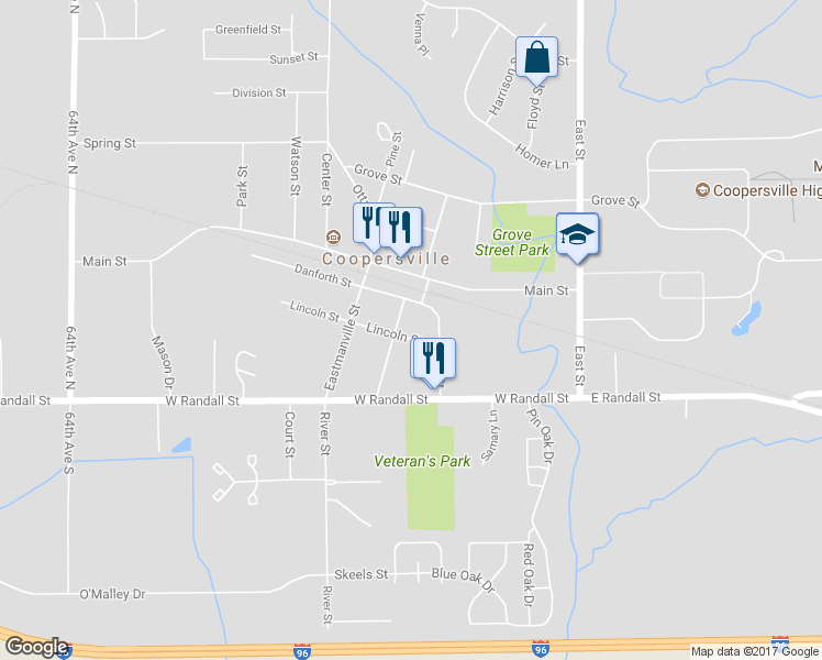 map of restaurants, bars, coffee shops, grocery stores, and more near 275 Lincoln Street in Coopersville