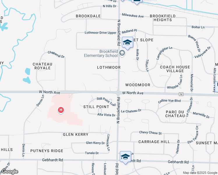 map of restaurants, bars, coffee shops, grocery stores, and more near 18920 West North Avenue in Brookfield