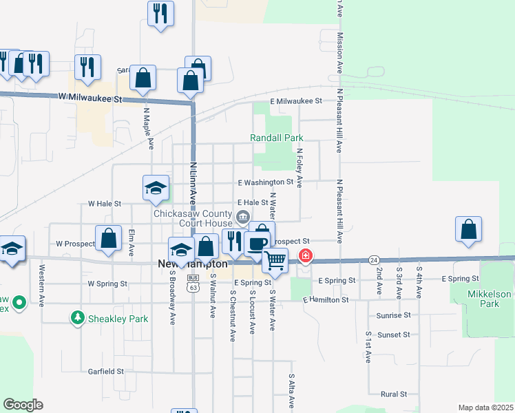 map of restaurants, bars, coffee shops, grocery stores, and more near 1-99 East Hale Street in New Hampton